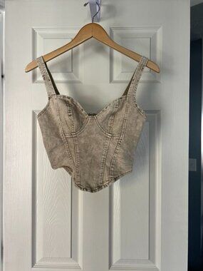 SHEIN Denim Corset Top M Distressed Washed Bustier Y2K Structured Zip Back